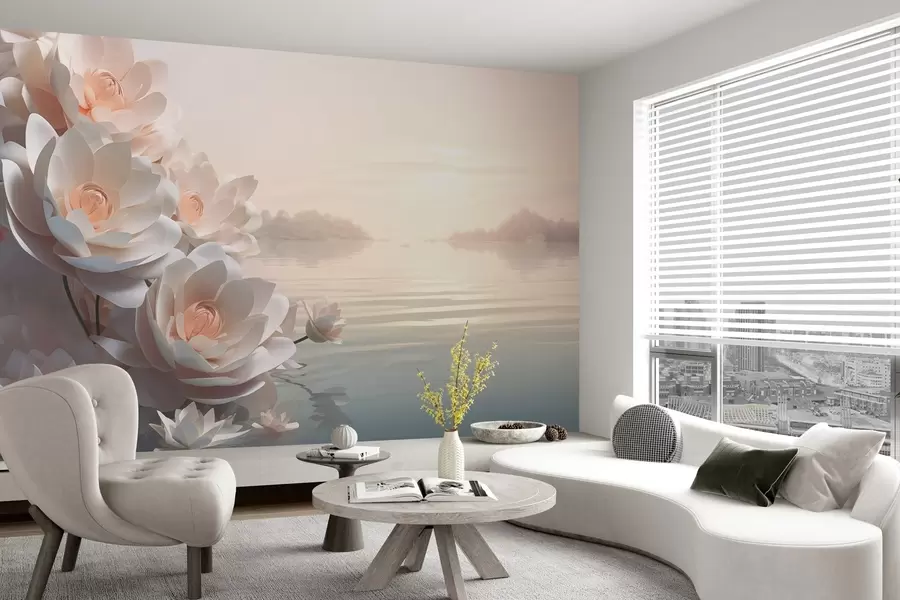 wall murals Pastel lotuses on the water under the evening sky w03988