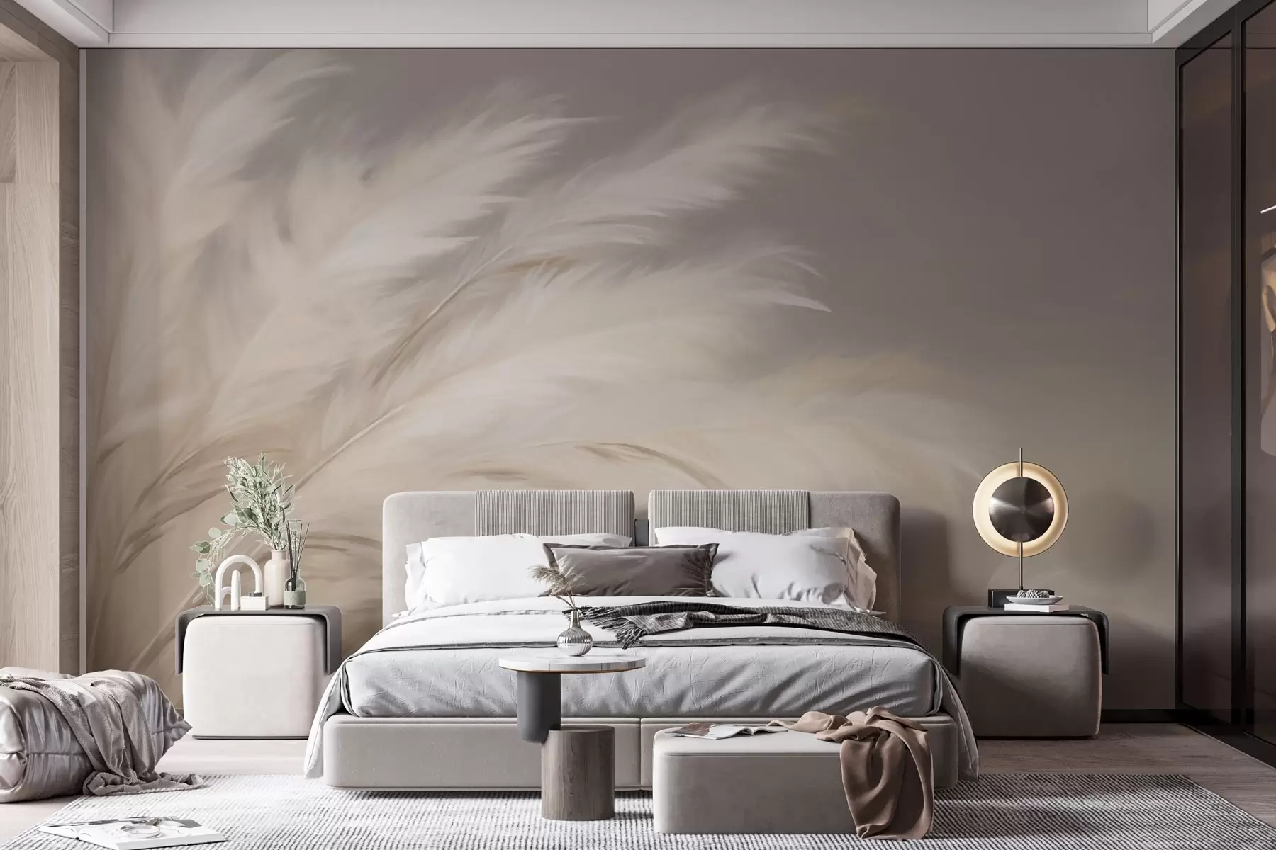 wall murals Soft fluffy grasses in beige and grey w03992