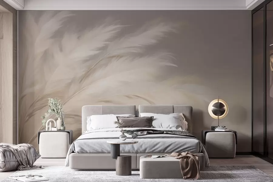 wall murals Soft fluffy grasses in beige and grey w03992