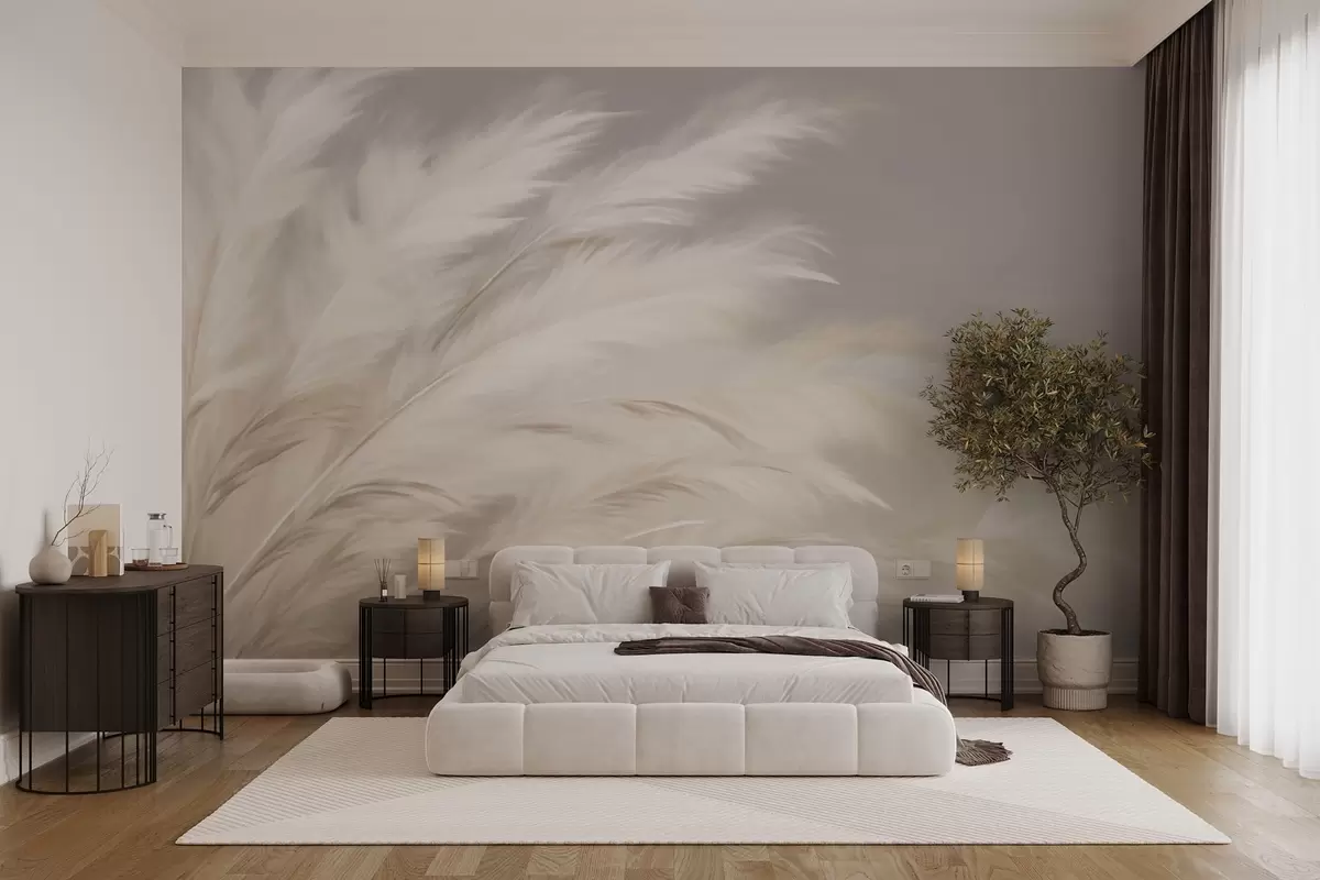 wall murals Soft fluffy grasses in beige and grey w03992