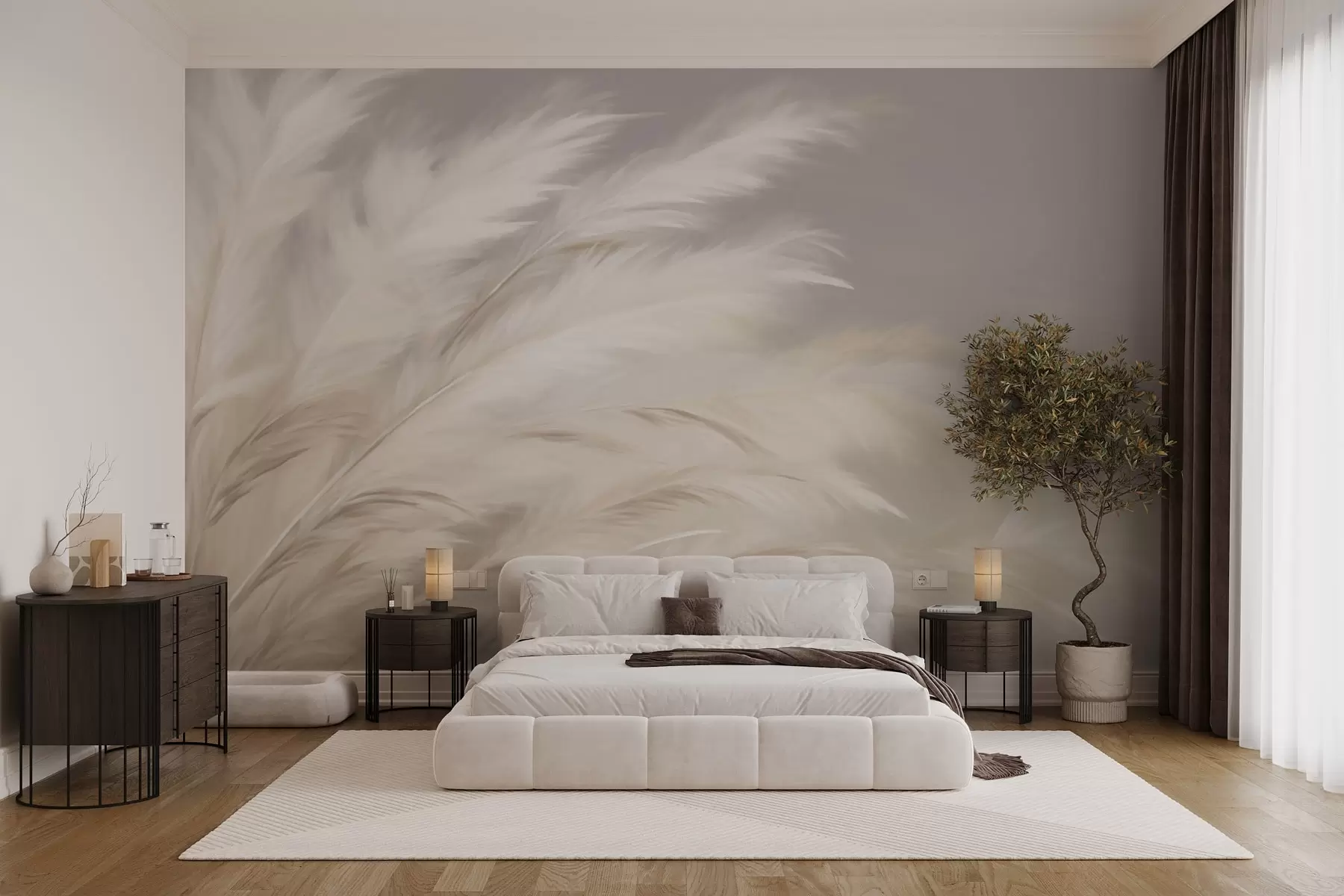 wall murals Soft fluffy grasses in beige and grey w03992
