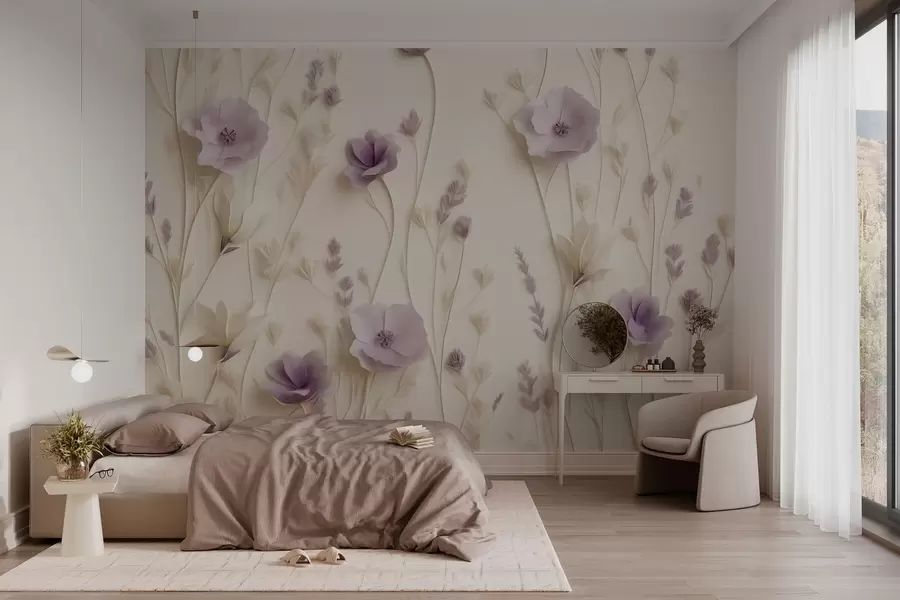 wall murals Delicate lilac flowers on a cream background w03993