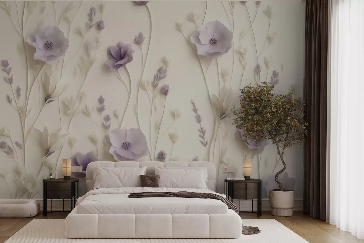 wall murals Delicate lilac flowers on a cream background w03993