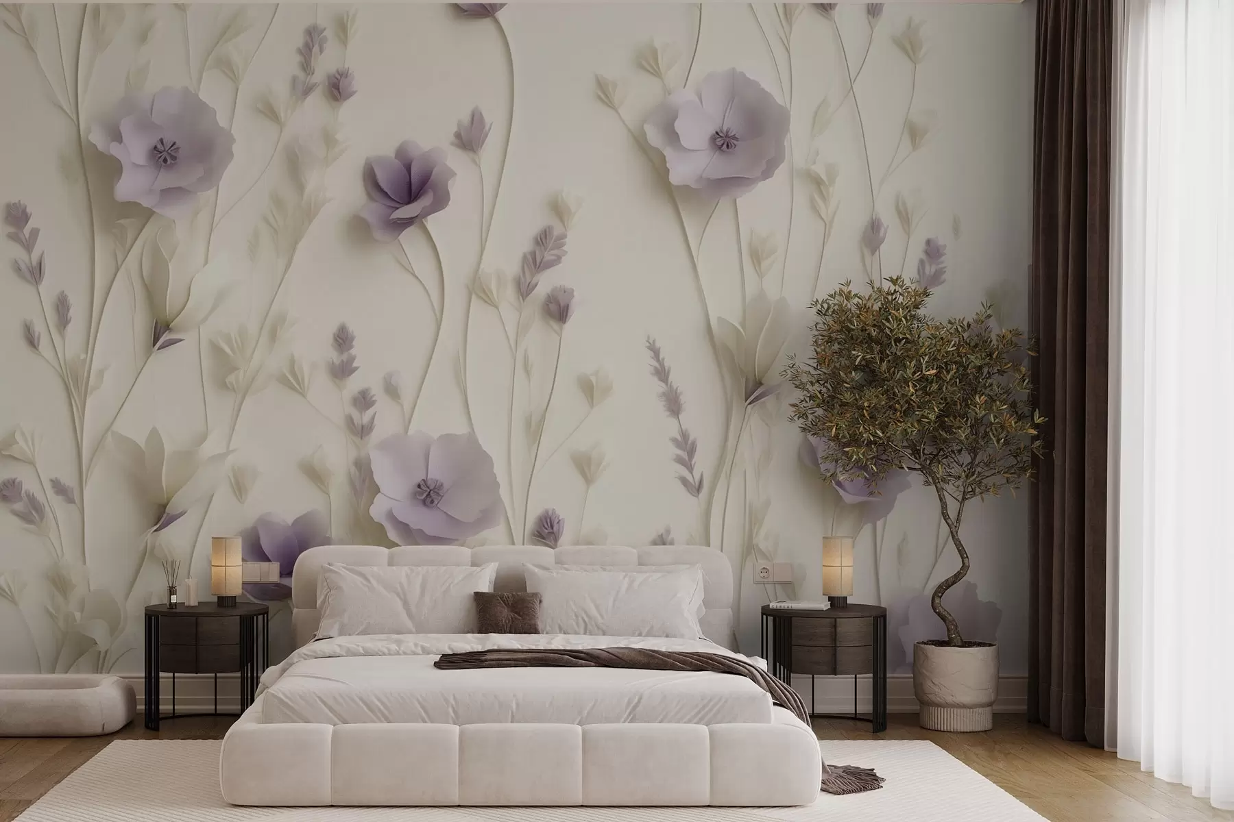wall murals Delicate lilac flowers on a cream background w03993