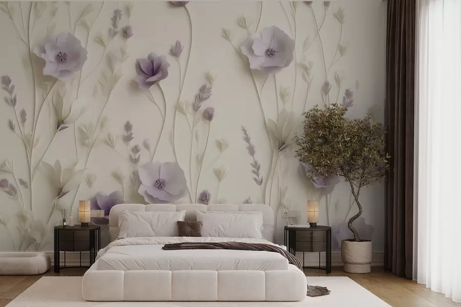 wall murals Delicate lilac flowers on a cream background w03993