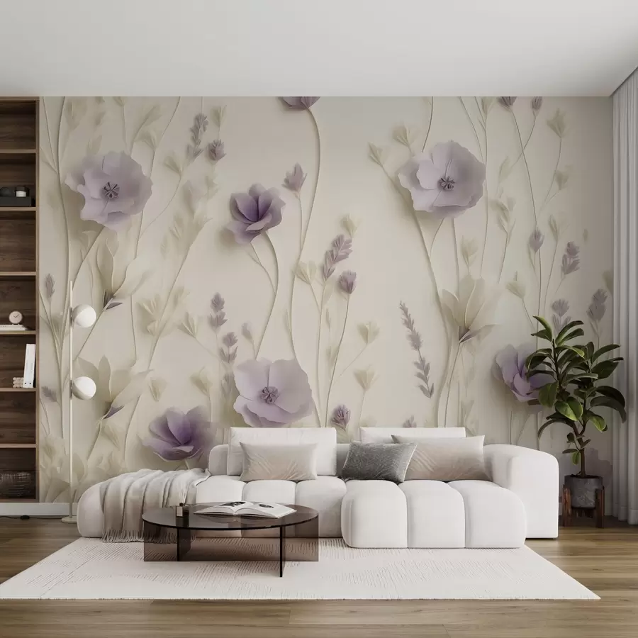 wall murals Delicate lilac flowers on a cream background w03993