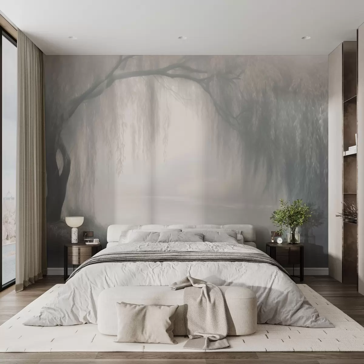 wall murals Mystical willow bank in the morning fog w03995