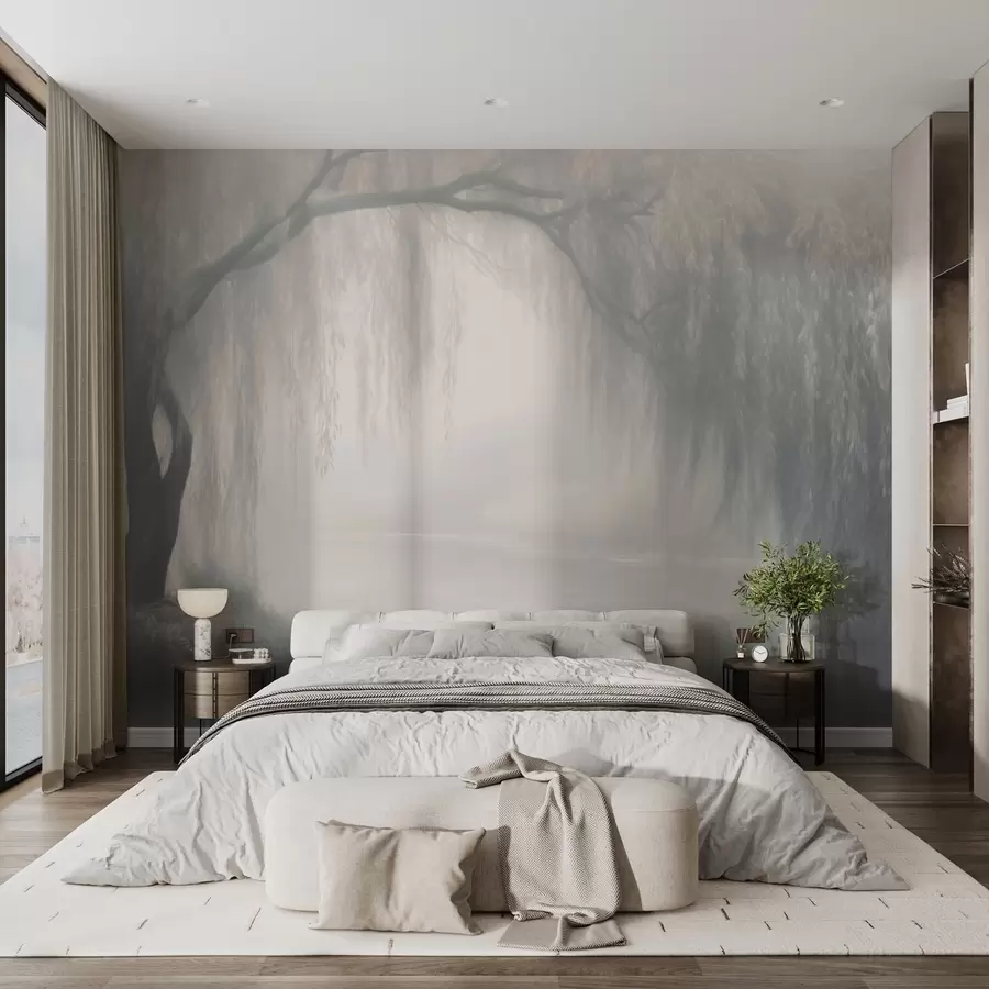 wall murals Mystical willow bank in the morning fog w03995