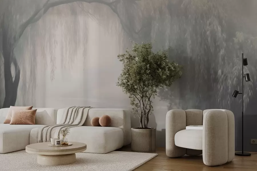 wall murals Mystical willow bank in the morning fog w03995