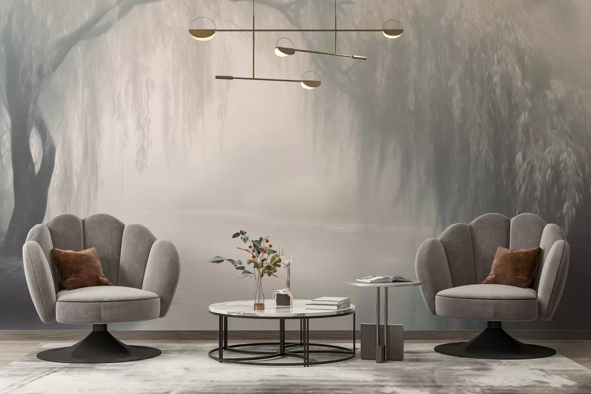 wall murals Mystical willow bank in the morning fog w03995