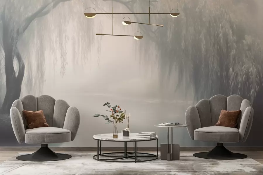 wall murals Mystical willow bank in the morning fog w03995