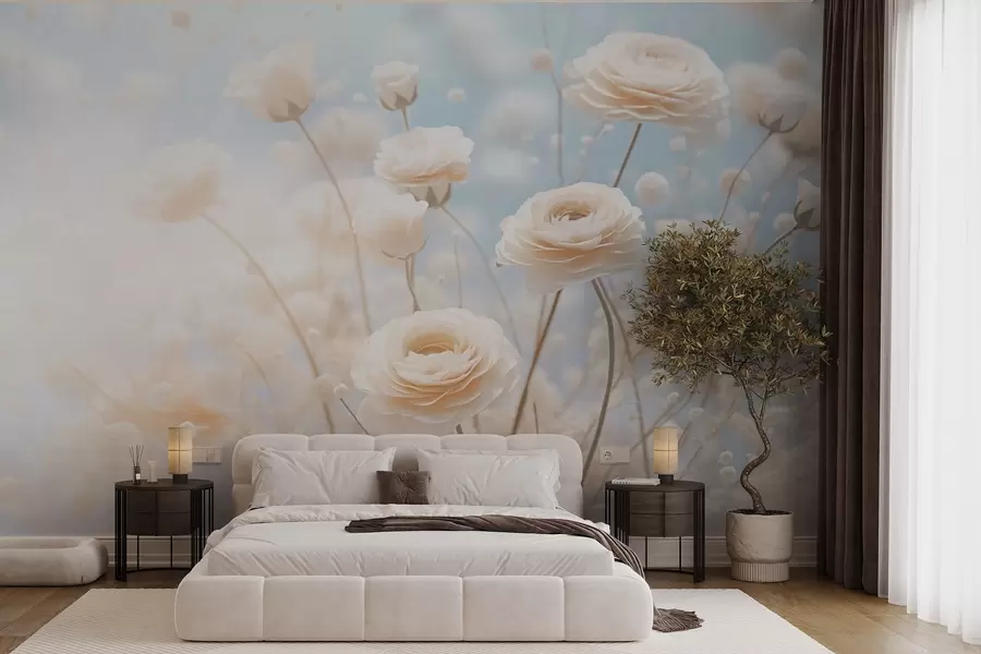 wall murals Delicate cream roses on a light blue background w03997