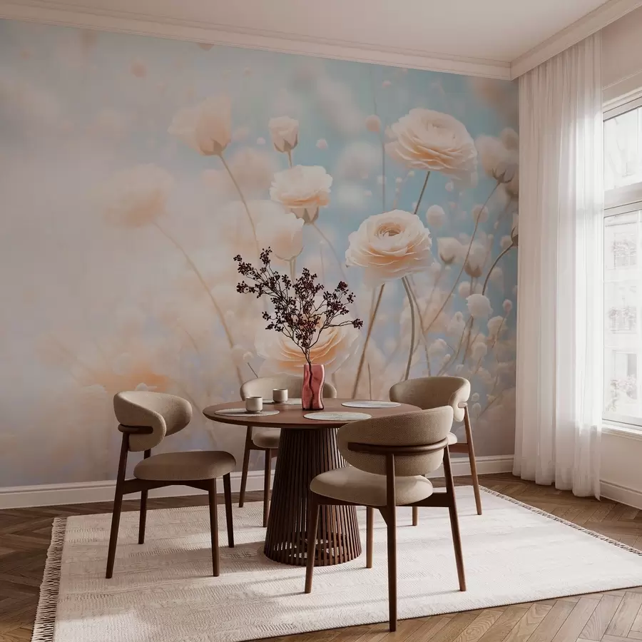 wall murals Delicate cream roses on a light blue background w03997