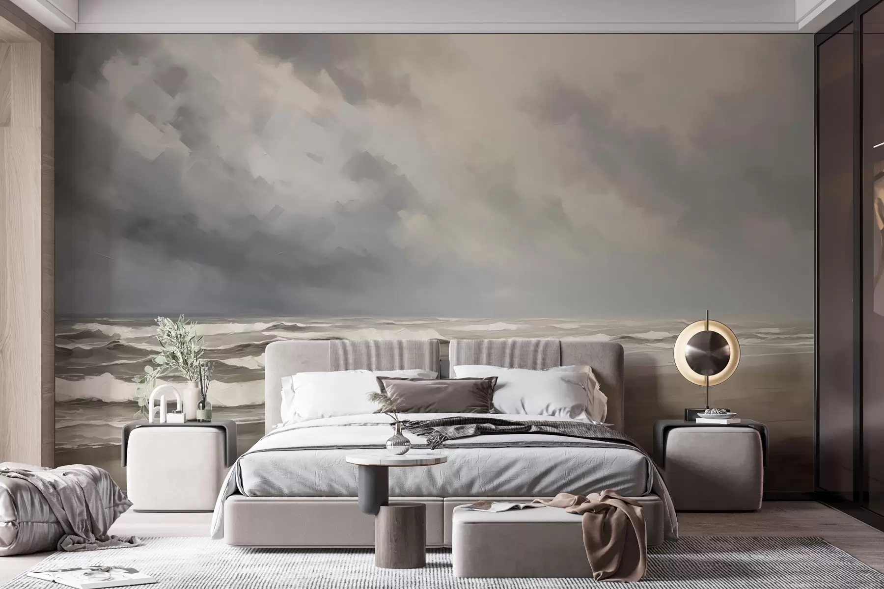 wall murals Sea in the rain, grey and beige tones, atmospheric composition w03998
