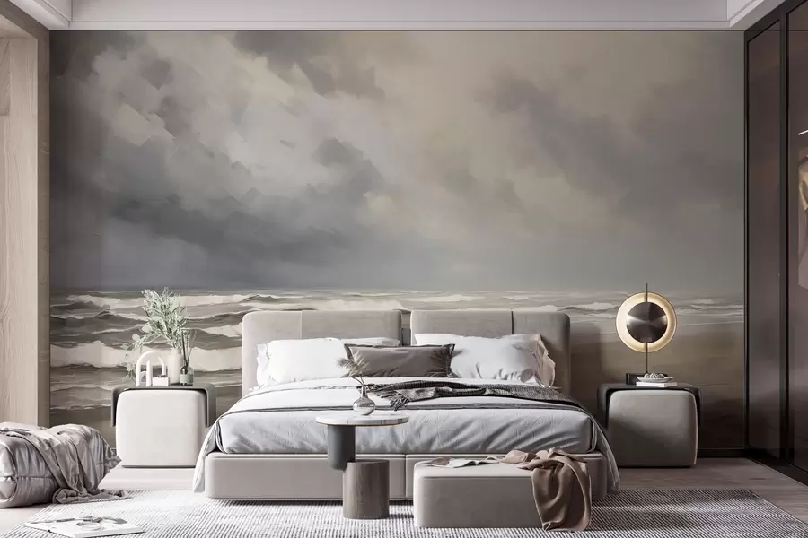 wall murals Sea in the rain, grey and beige tones, atmospheric composition w03998