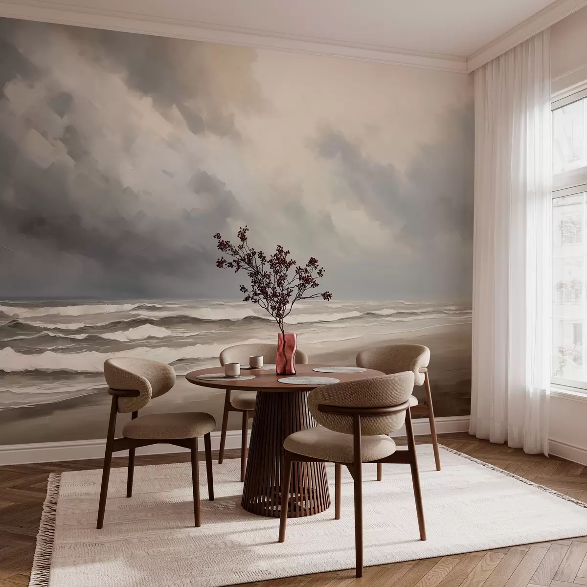 wall murals Sea in the rain, grey and beige tones, atmospheric composition w03998