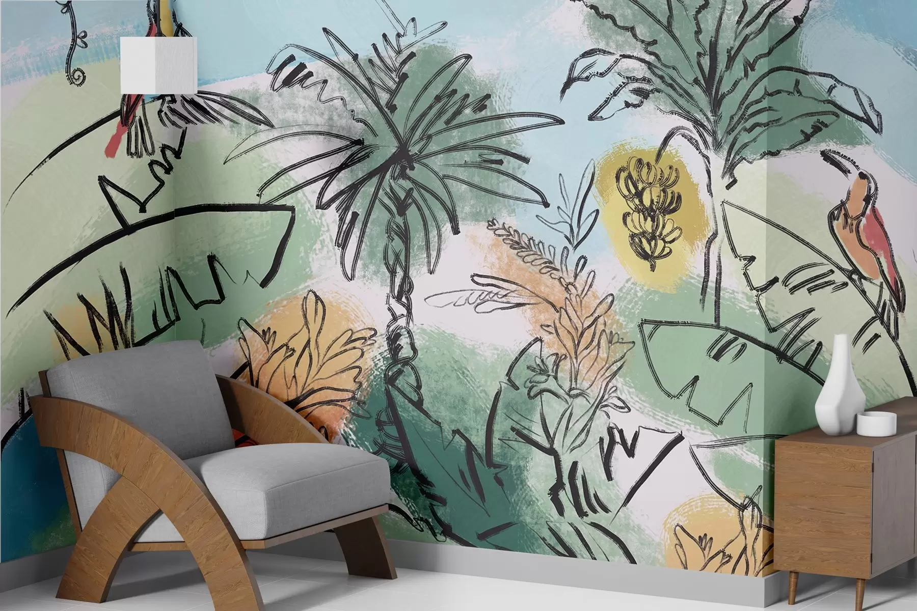 wall murals Tropical print with parrots, rich colours, tropics w04019