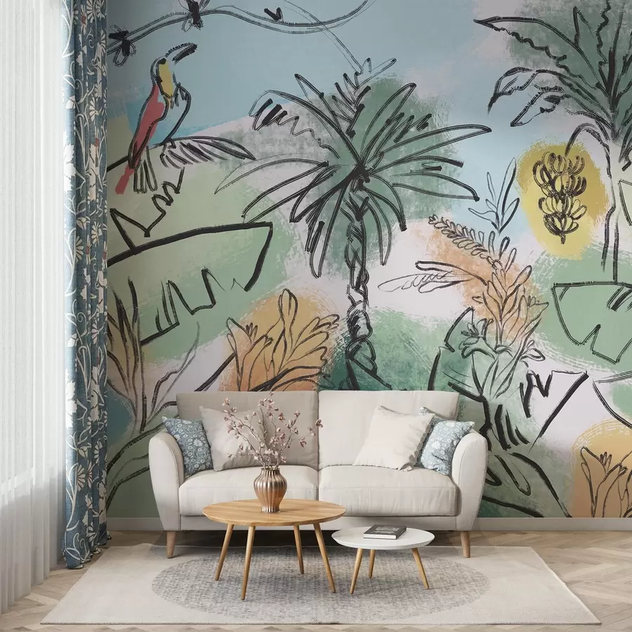 wall murals Tropical print with parrots, rich colours, tropics w04019