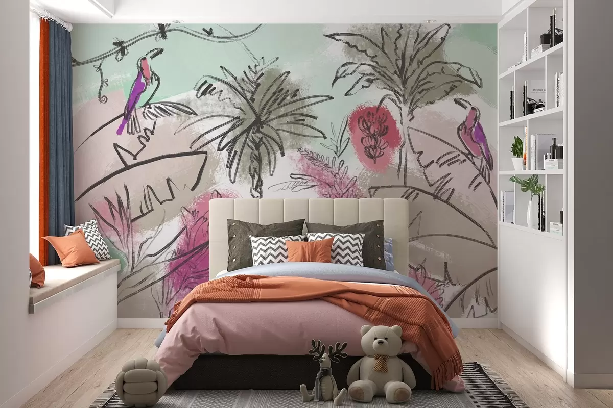 wall murals Tropical print with pink flowers, exotic parrots w04019v1