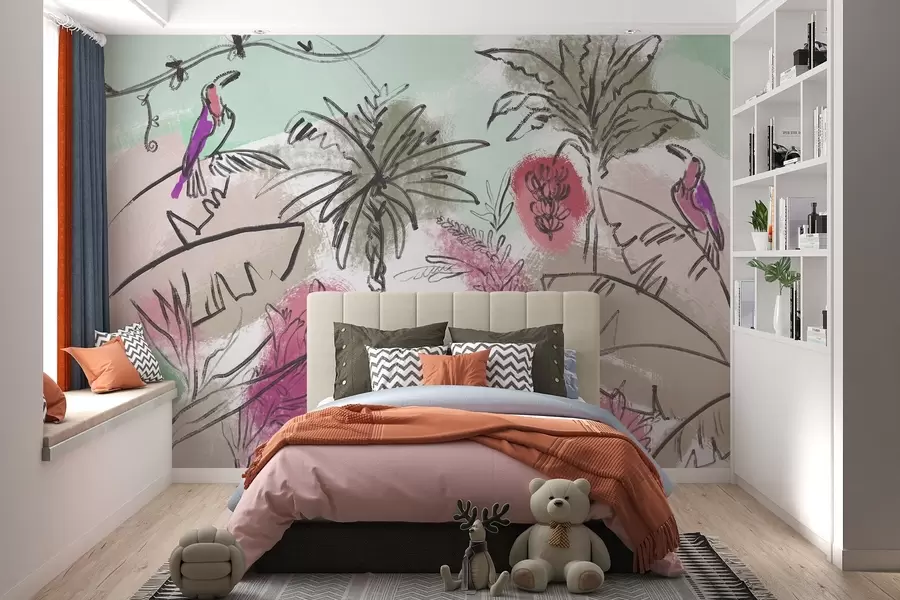 wall murals Tropical print with pink flowers, exotic parrots w04019v1