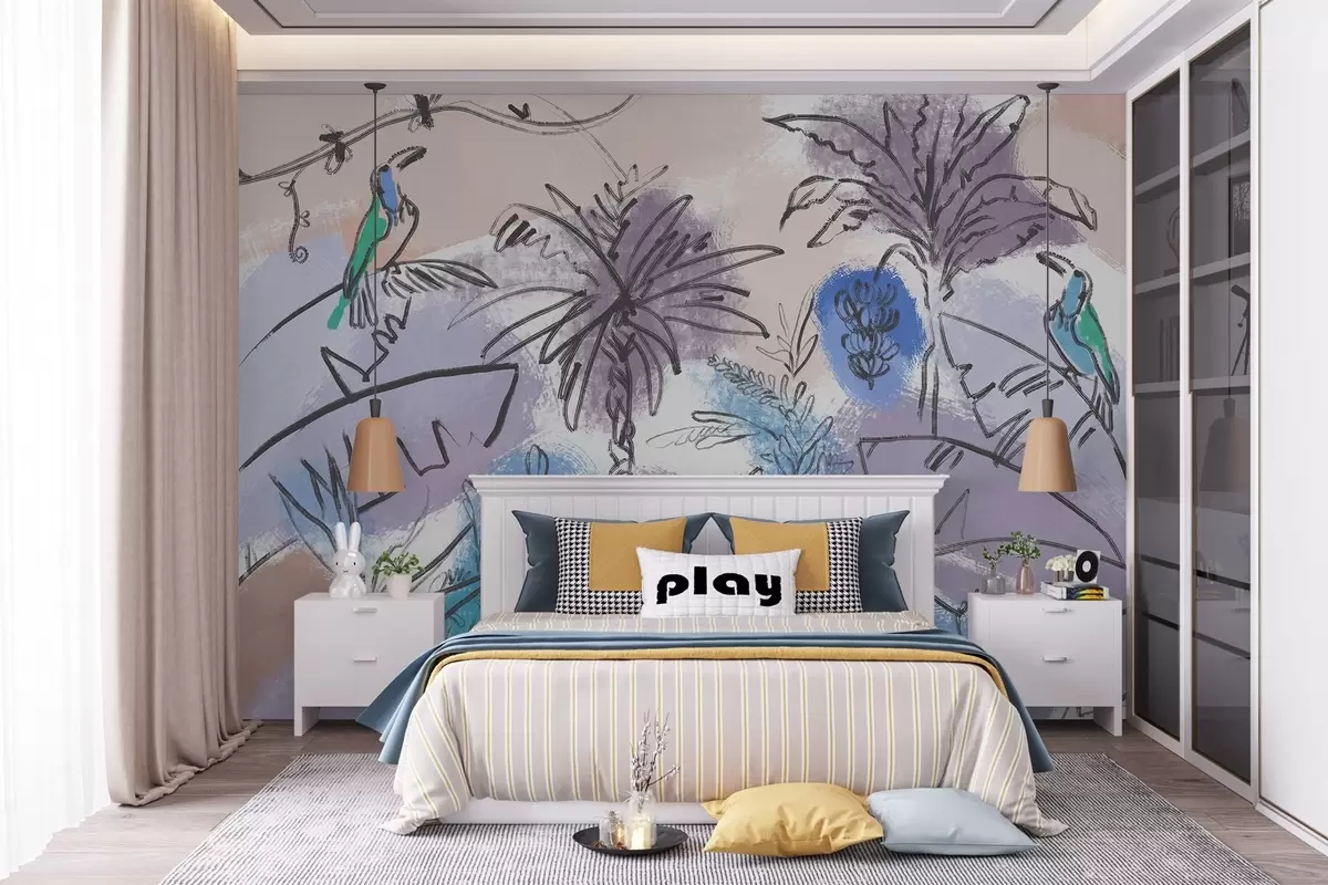 wall murals Tropical print with blue flowers, picturesque parrots w04019v2