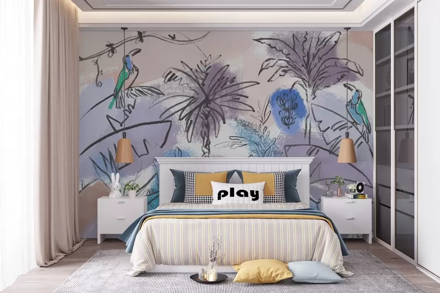 wall murals Tropical print with blue flowers, picturesque parrots w04019v2