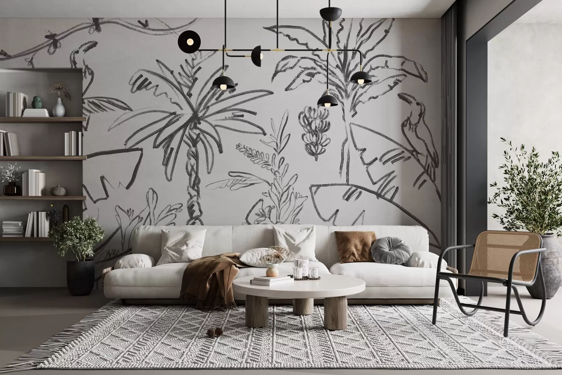 wall murals Tropical line drawing, bananas, palm trees, outline graphics w04020