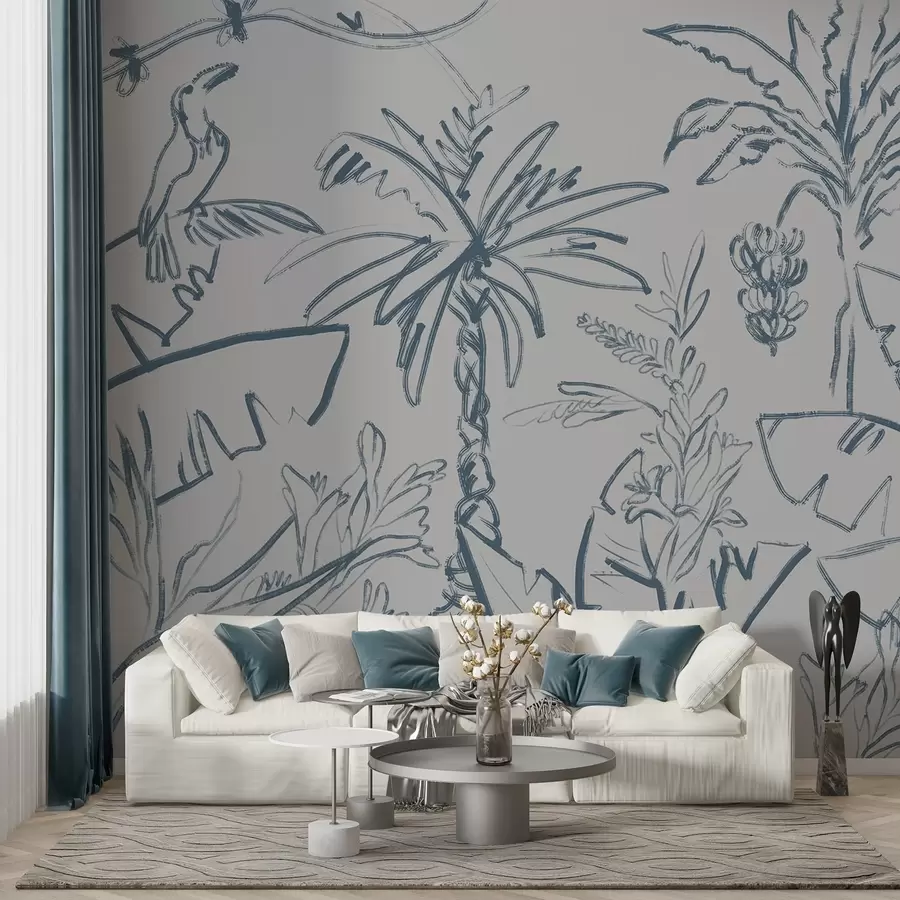 wall murals Tropical pattern in blue, bananas, palm trees w04020v1