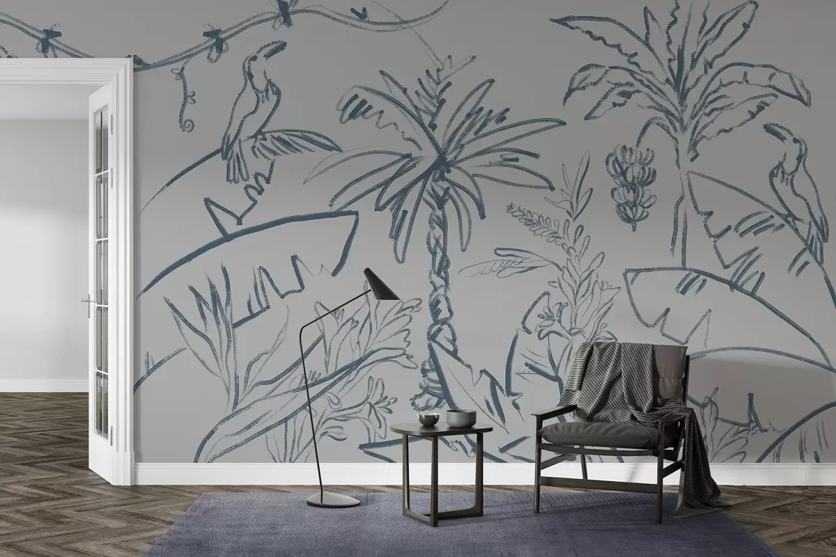 wall murals Tropical pattern in blue, bananas, palm trees w04020v1