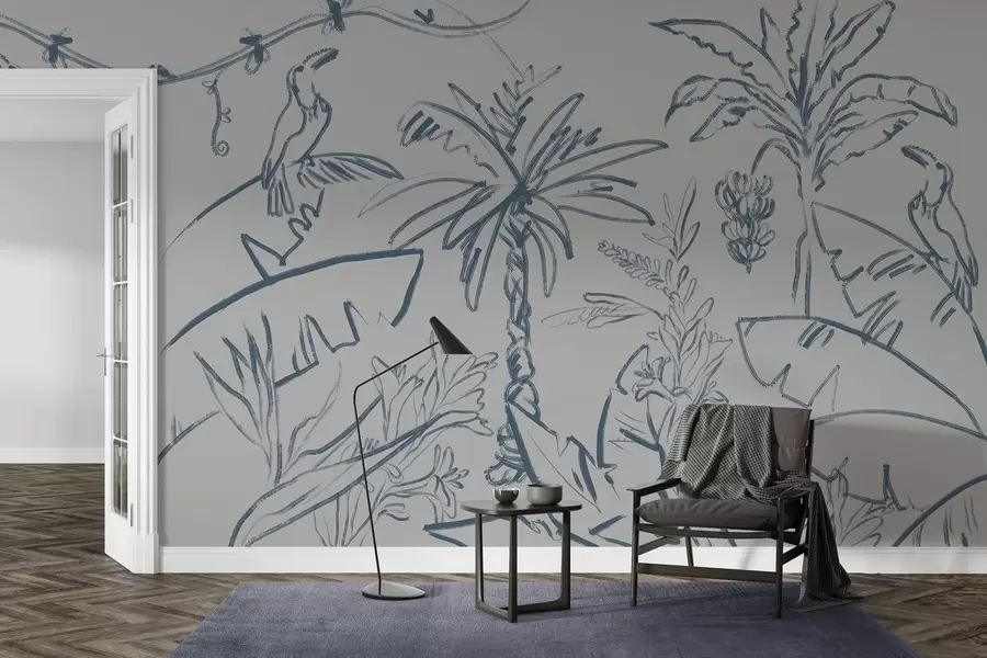 wall murals Tropical pattern in blue, bananas, palm trees w04020v1