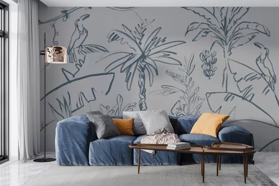 wall murals Tropical pattern in blue, bananas, palm trees w04020v1