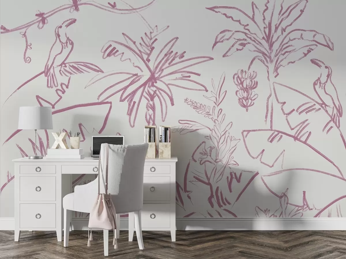 wall murals Tropical lines in pink, tropical plants, bananas w04020v2