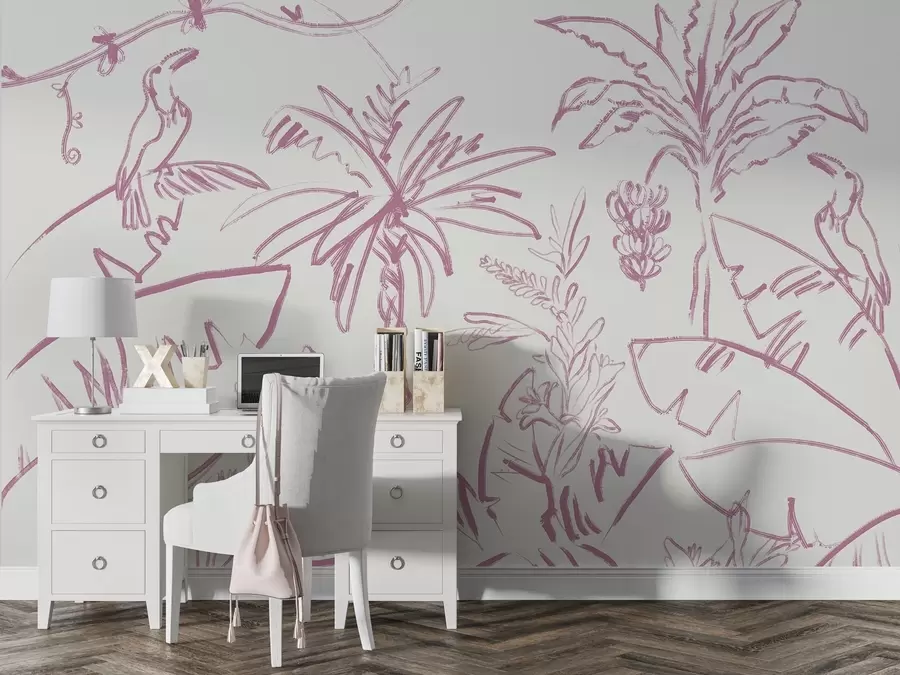 wall murals Tropical lines in pink, tropical plants, bananas w04020v2