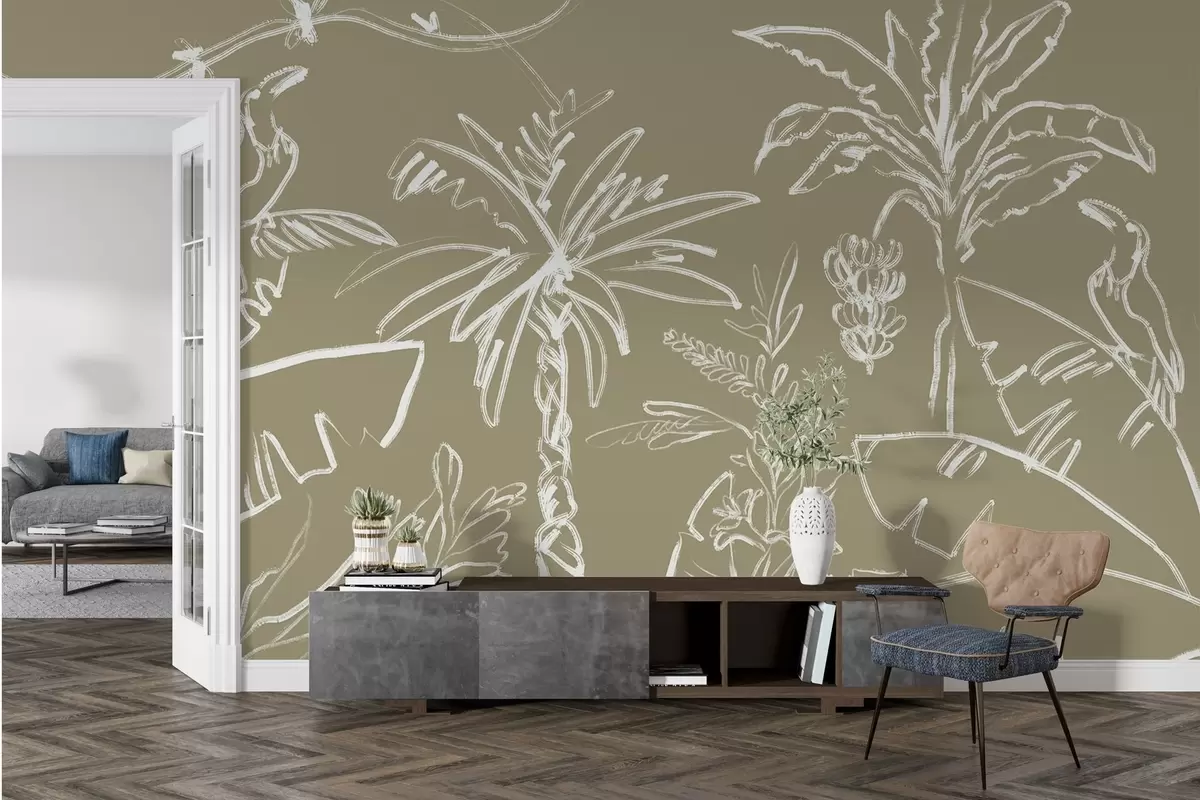 wall murals Tropical pattern on olive brown background, palm trees, bananas w04020v3