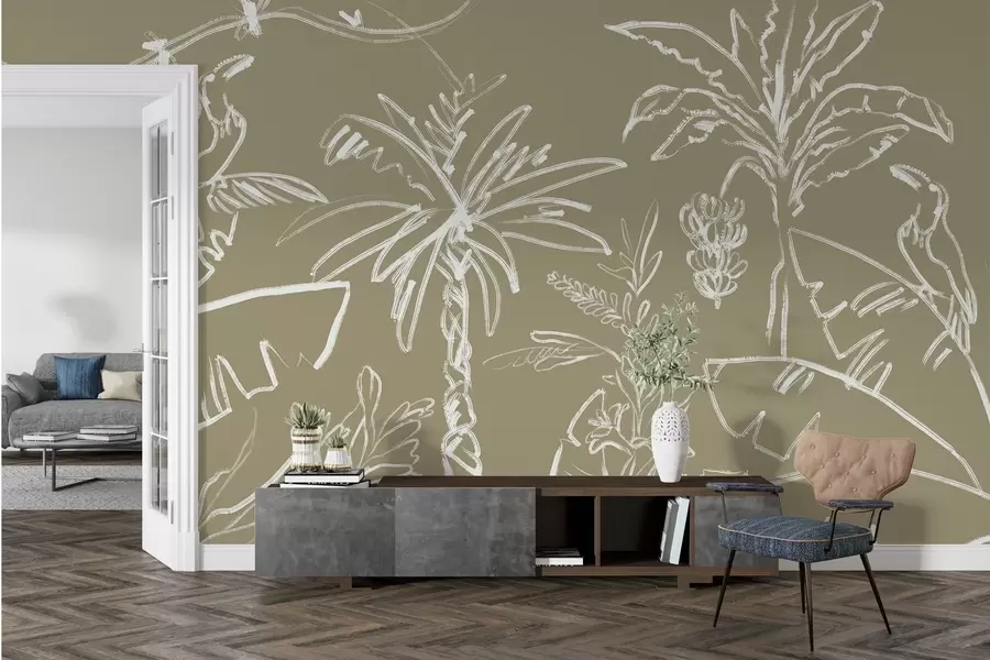 wall murals Tropical pattern on olive brown background, palm trees, bananas w04020v3