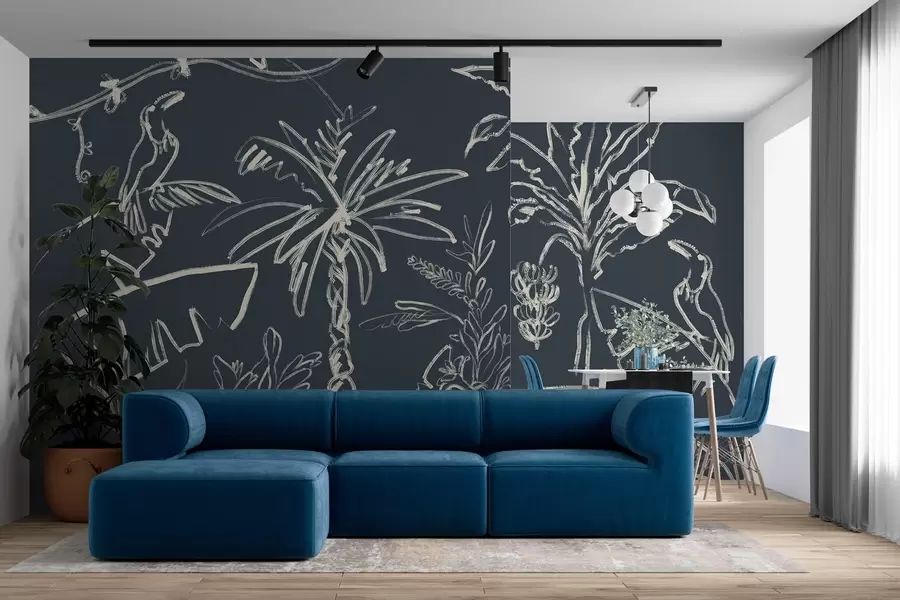 wall murals Tropical pattern on dark blue background, palm trees, bananas w04020v4