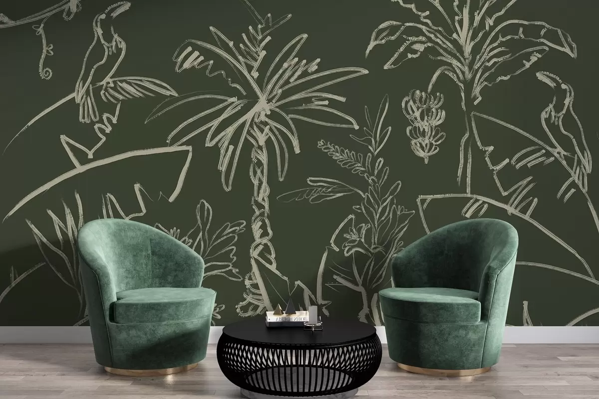 wall murals Tropical pattern on dark green background, palm trees, bananas w04020v5