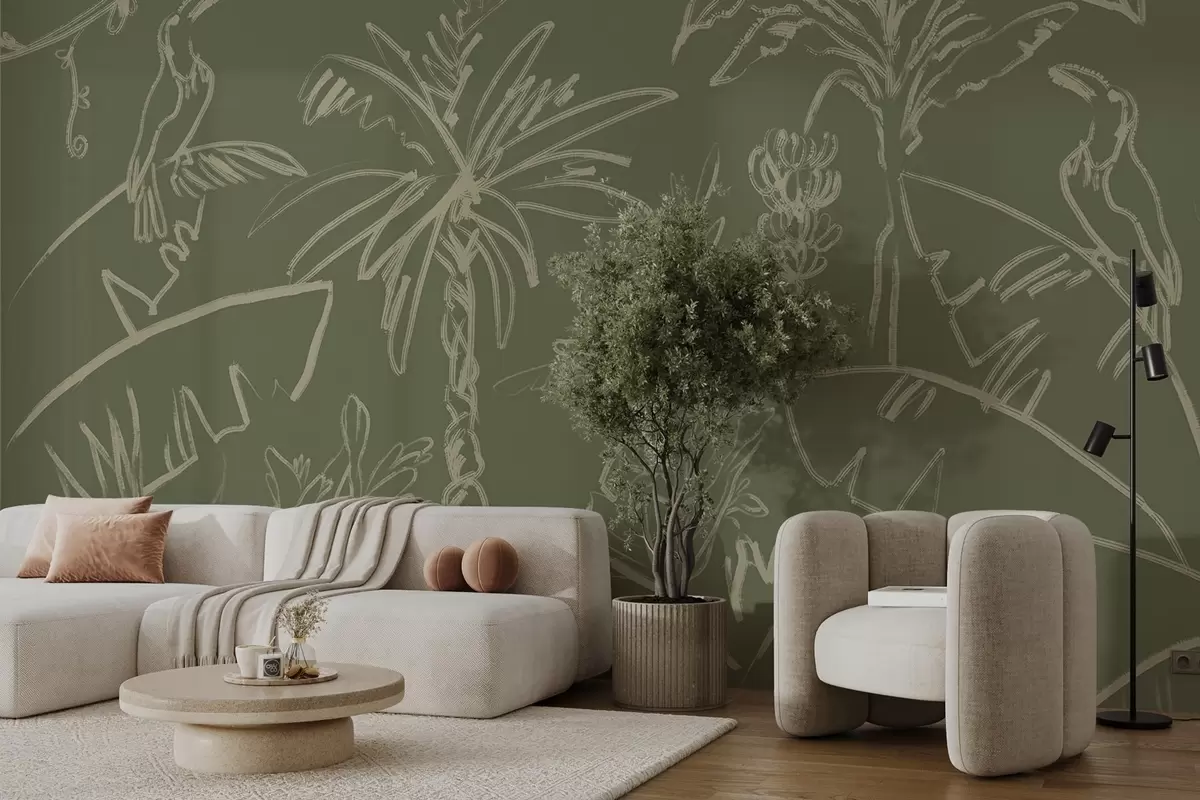 wall murals Tropical pattern on green background, palm trees, bananas w04020v6