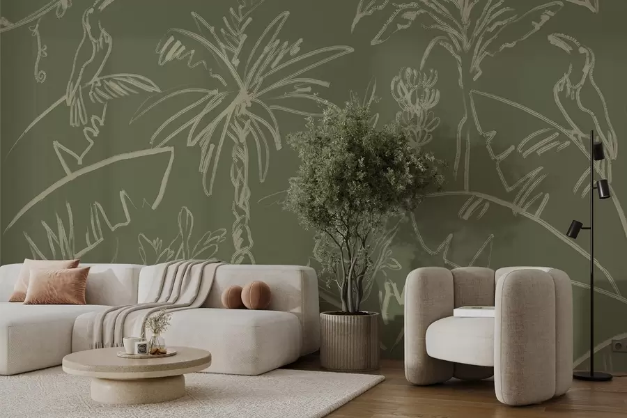wall murals Tropical pattern on green background, palm trees, bananas w04020v6