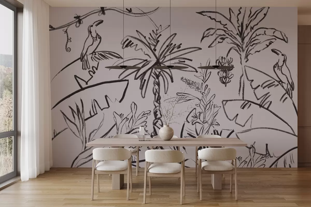 wall murals Tropical pattern in black colour, palm trees, bananas, outline graphics w04020v7