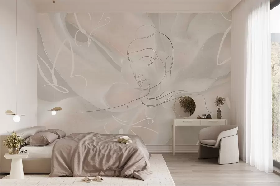 wall murals Floral abstraction with Buddha line drawing, beige colors w04004
