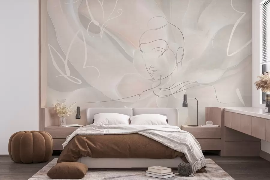 wall murals Floral abstraction with Buddha line drawing, beige colors w04004