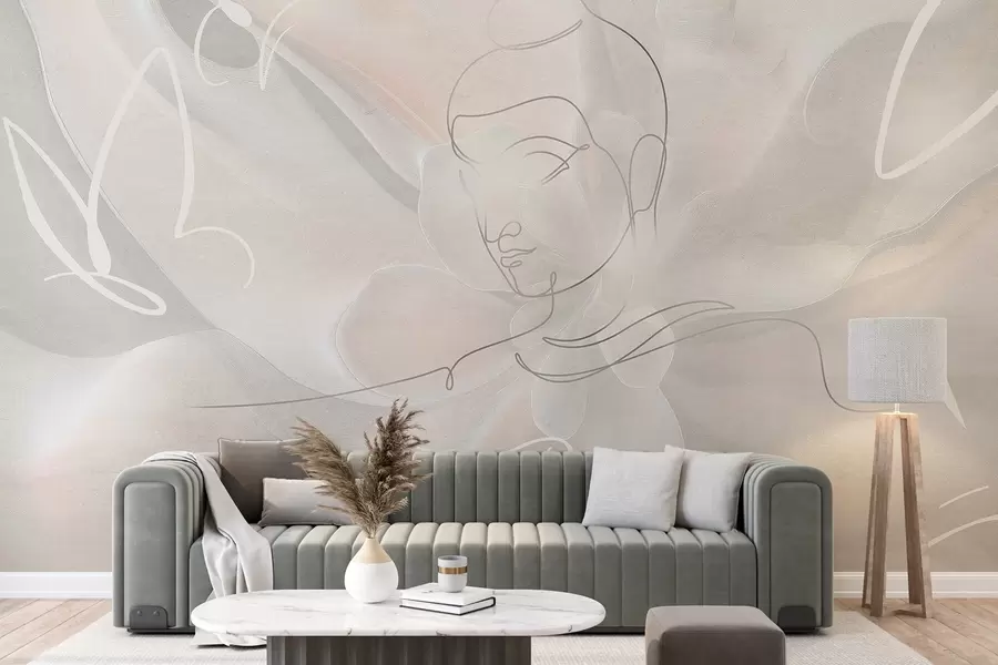 wall murals Floral abstraction with Buddha line drawing, beige colors w04004
