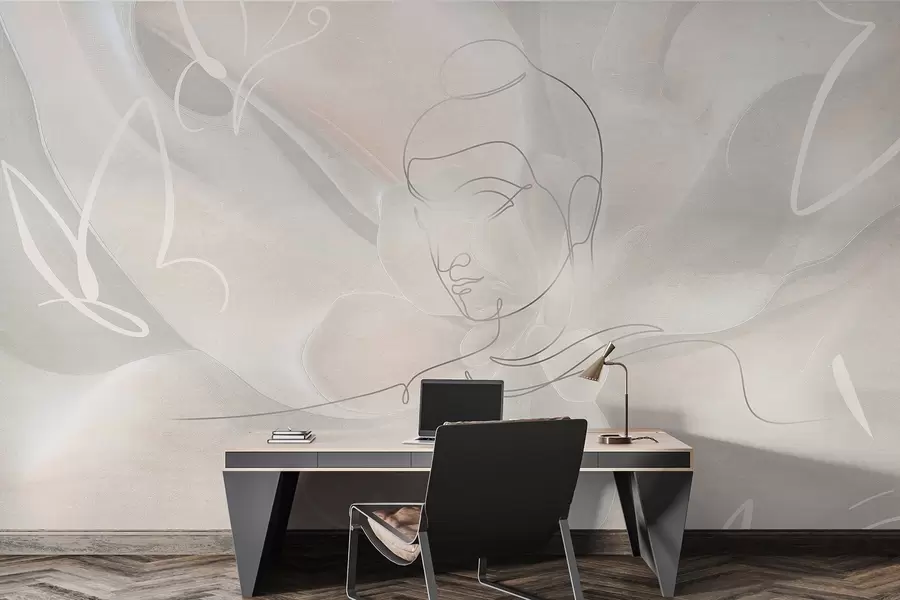 wall murals Floral abstraction with Buddha line drawing, beige colors w04004
