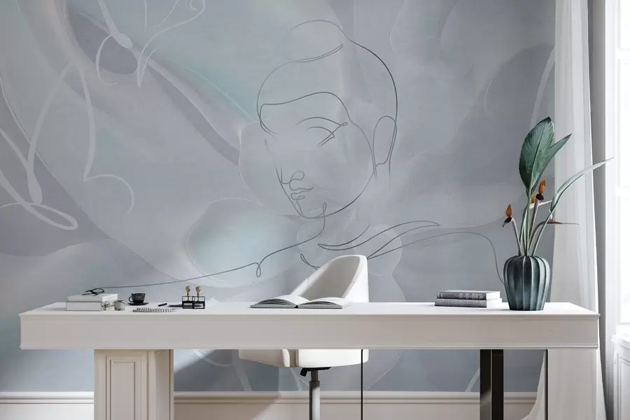 wall murals Floral abstraction with Buddha line drawing, blue colors w04004v1