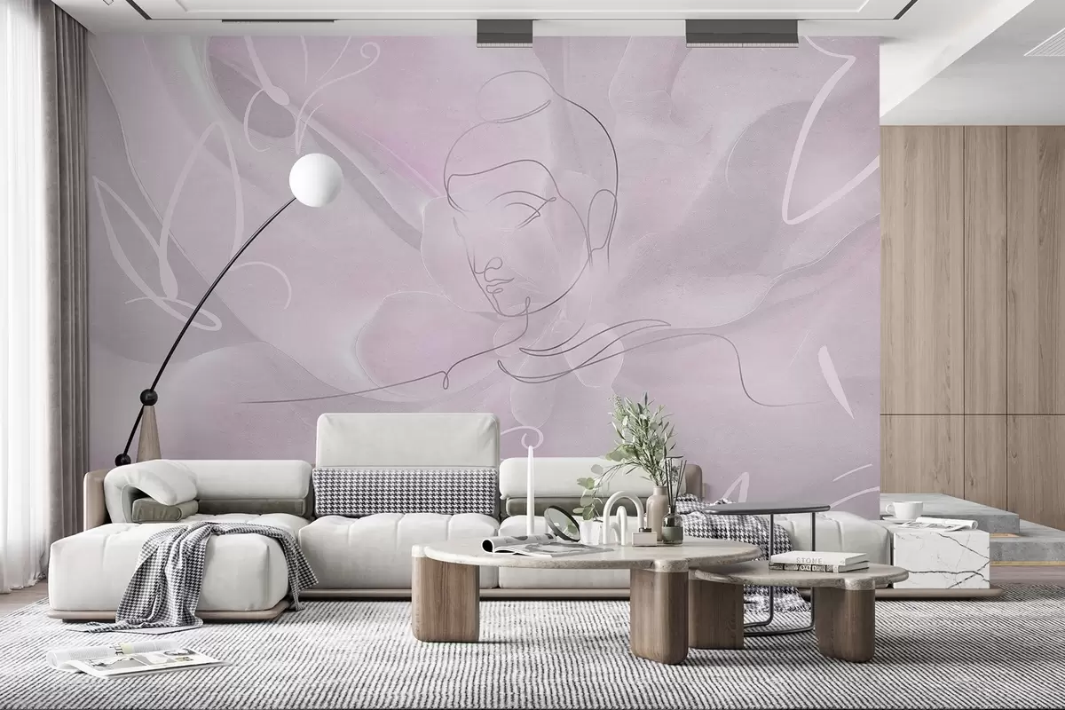 wall murals Floral abstraction with Buddha line drawing, pink colors w04004v2