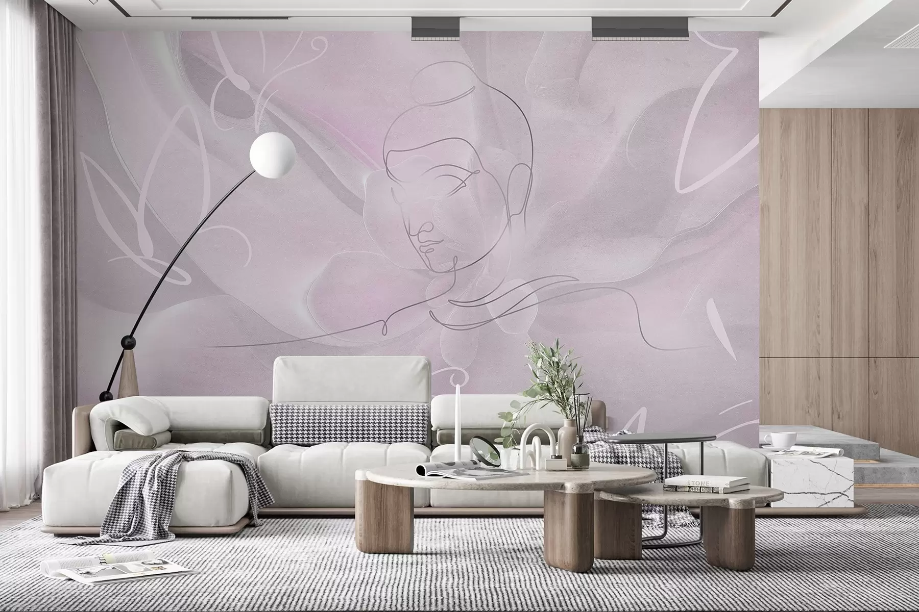 wall murals Floral abstraction with Buddha line drawing, pink colors w04004v2