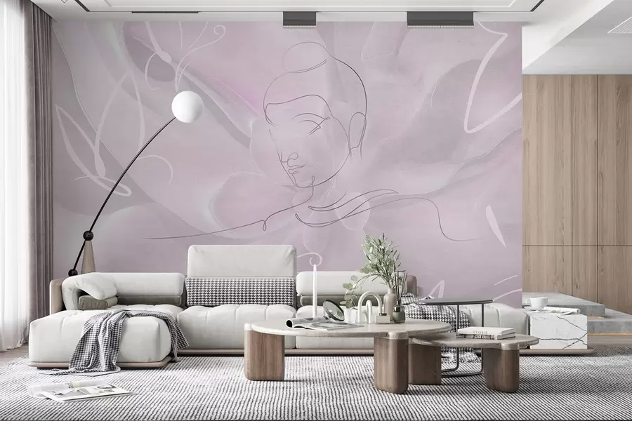 wall murals Floral abstraction with Buddha line drawing, pink colors w04004v2