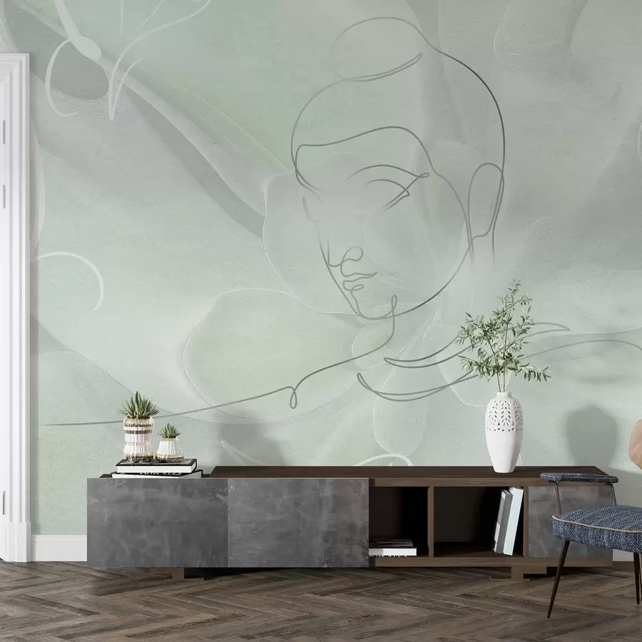 wall murals Floral abstraction with Buddha line drawing, green colors w04004v3