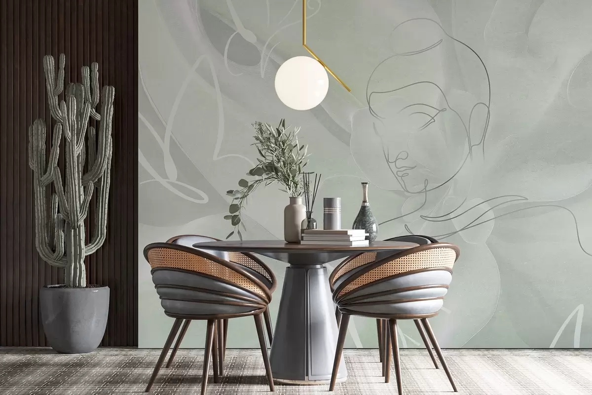 wall murals Floral abstraction with Buddha line drawing, green colors w04004v3